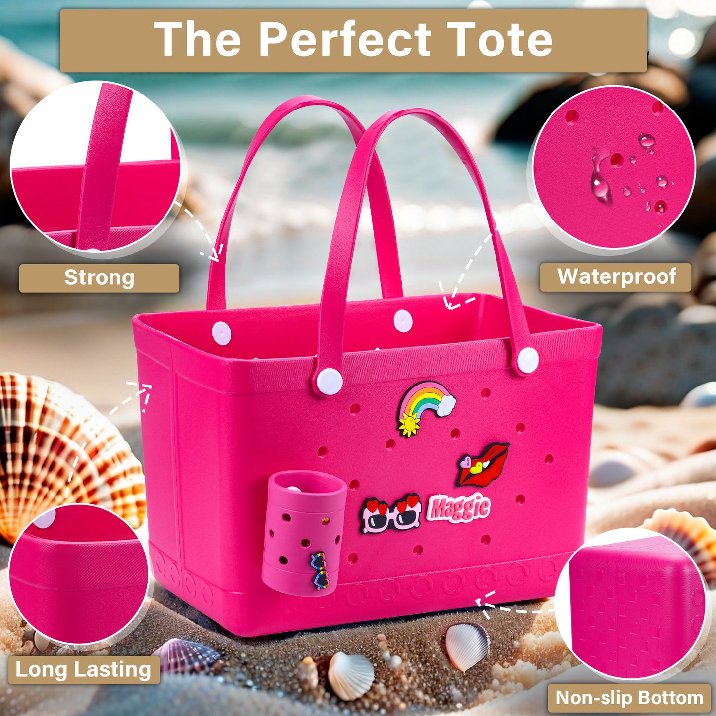 Sunday Crew Bag – XL EVA Rubber Beach Tote – Waterproof, Sand-Free & Family-Ready (Neon Raspberry) image 4