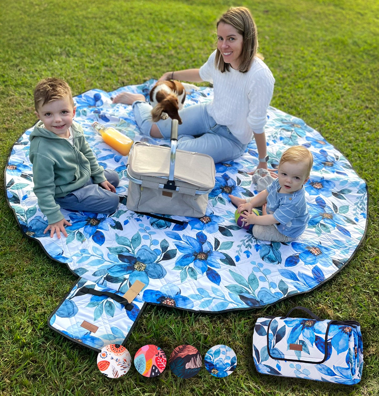 2m Round Picnic Blanket – Waterproof, Sand-Free, Outdoor Family Rug (Blue Petal Dreams) image 2