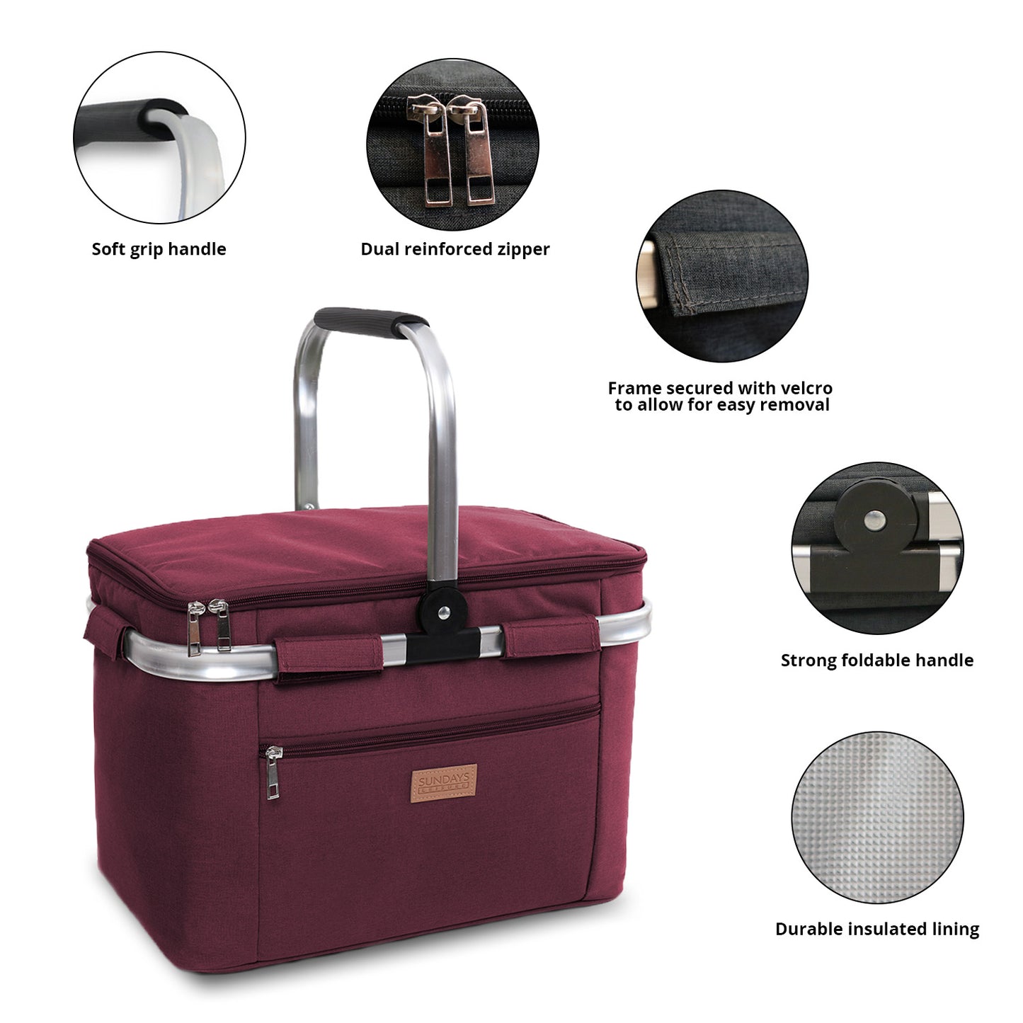 Collapsible Insulated Picnic Basket with Thermal Lining – Perfect for BBQs & Picnics (Maroon) image 10