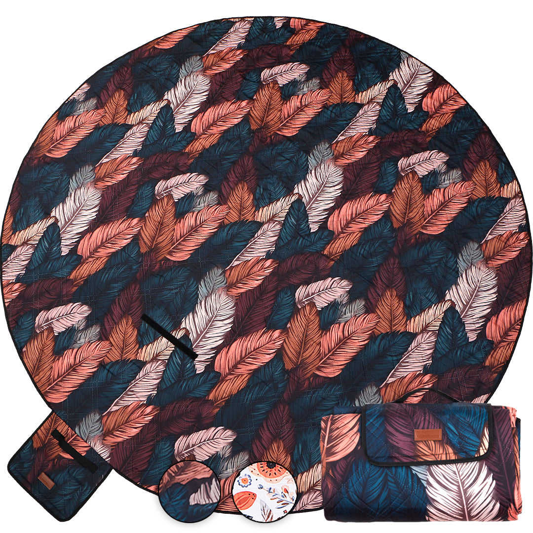 2m Round Picnic Blanket – Waterproof, Sand-Free, Outdoor Family Rug (Boho Feathers) image 1