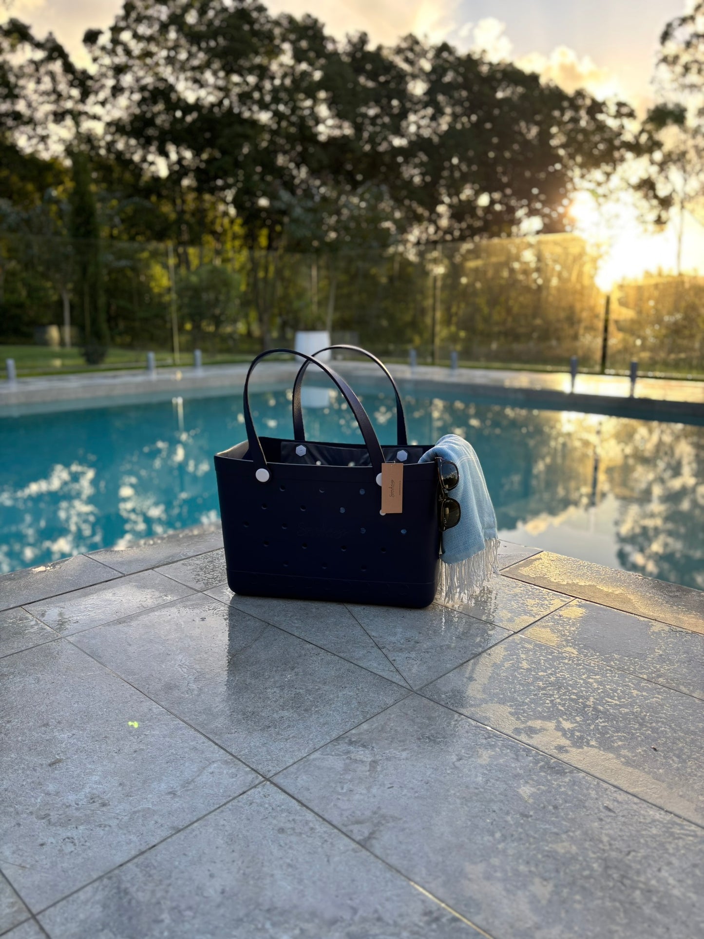 XL Waterproof Beach Tote Bag - Sand-Free Rubber Design with Inside Zipper Pocket - Midnight Sky - Sunday Crew
