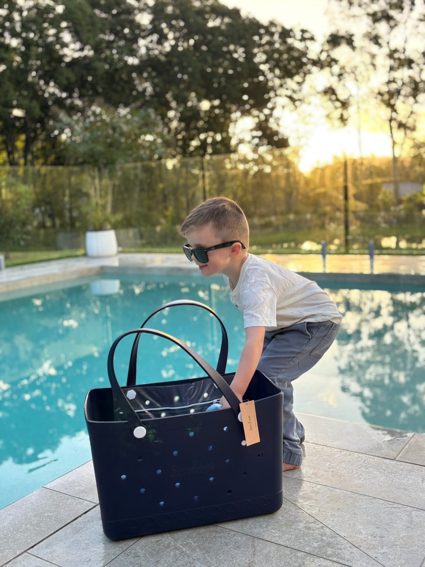 XL Waterproof Beach Tote Bag - Sand-Free Rubber Design with Inside Zipper Pocket - Midnight Sky - Sunday Crew