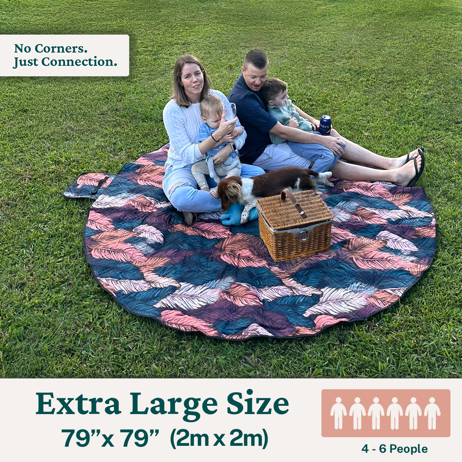 2m Round Picnic Blanket – Waterproof, Sand-Free, Outdoor Family Rug (Boho Feathers) image 3