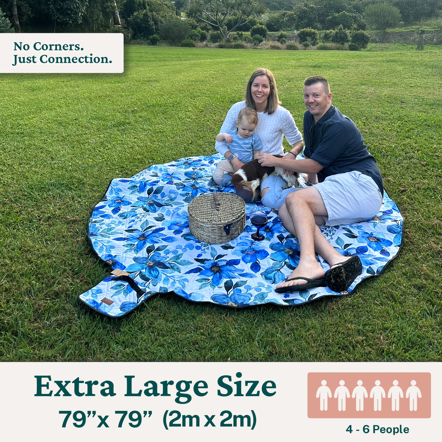 2m Round Picnic Blanket – Waterproof, Sand-Free, Outdoor Family Rug (Blue Petal Dreams) image 3