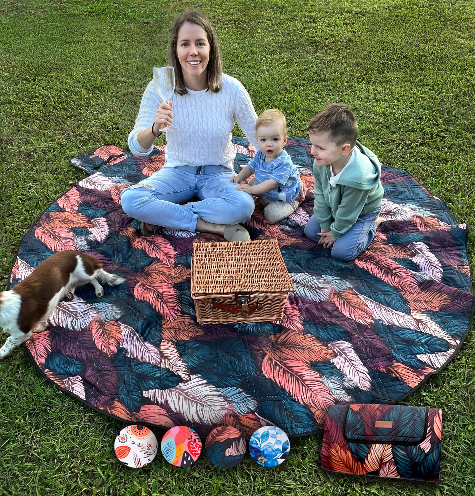 2m Round Picnic Blanket – Waterproof, Sand-Free, Outdoor Family Rug (Boho Feathers) image 2