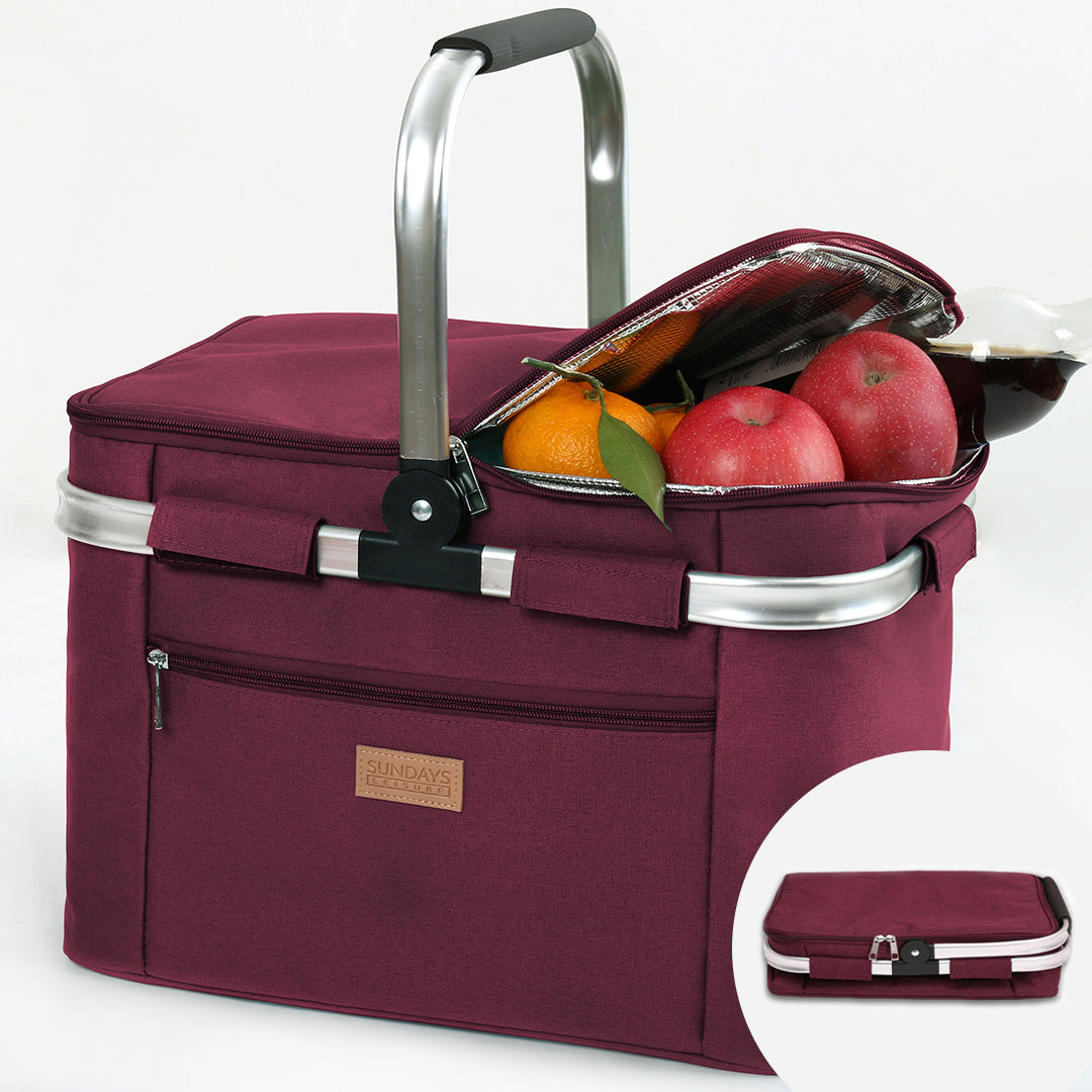 Collapsible Insulated Picnic Basket with Thermal Lining – Perfect for BBQs & Picnics (Maroon) image 0