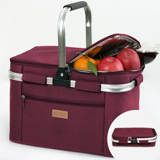 Collapsible Insulated Picnic Basket with Thermal Lining – Perfect for BBQs & Picnics (Maroon) image 0