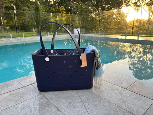XL Waterproof Beach Tote Bag - Sand-Free Rubber Design with Inside Zipper Pocket - Midnight Sky - Sunday Crew