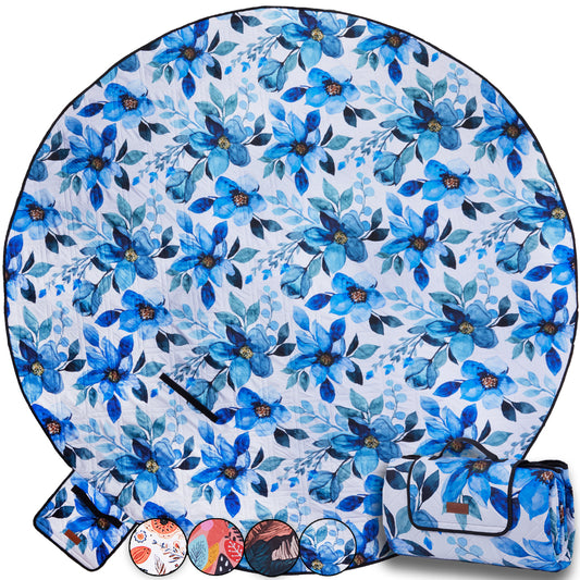 2m Round Picnic Blanket – Waterproof, Sand-Free, Outdoor Family Rug (Blue Petal Dreams) image 0